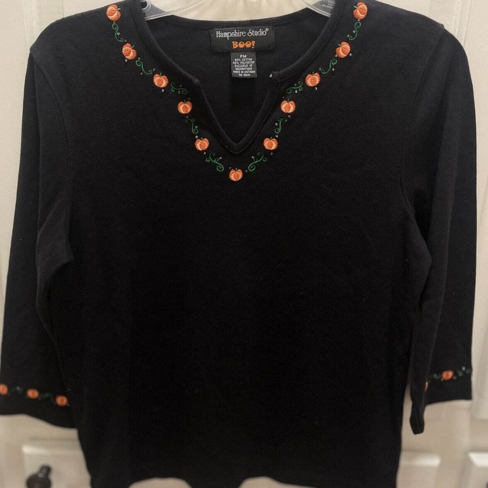 Halloween Black Womens Petite Knit Top PM Pumpkin Trim Hampshire Studio Small